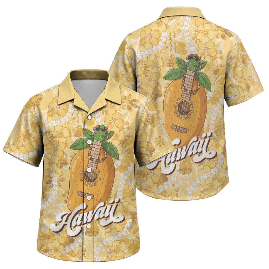 Hawaiian Mango Ukulele Family Matching Short Sleeve Bodycon Dress and Hawaiian Shirt Retro Yellow Hibiscus Pikake Lei
