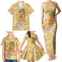Hawaiian Mango Ukulele Family Matching Tank Maxi Dress and Hawaiian Shirt Retro Yellow Hibiscus Pikake Lei