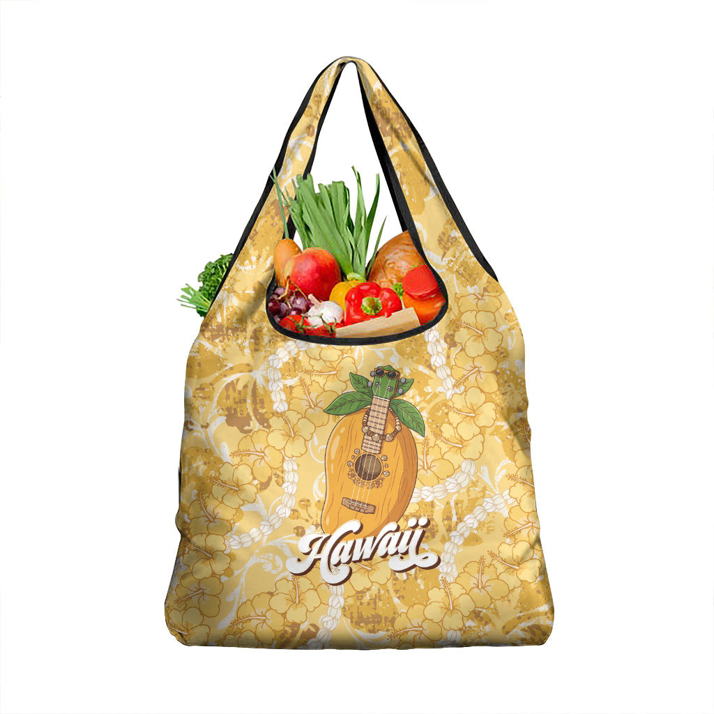 Hawaiian Mango Ukulele Grocery Bag Retro Yellow Hibiscus Pikake Lei