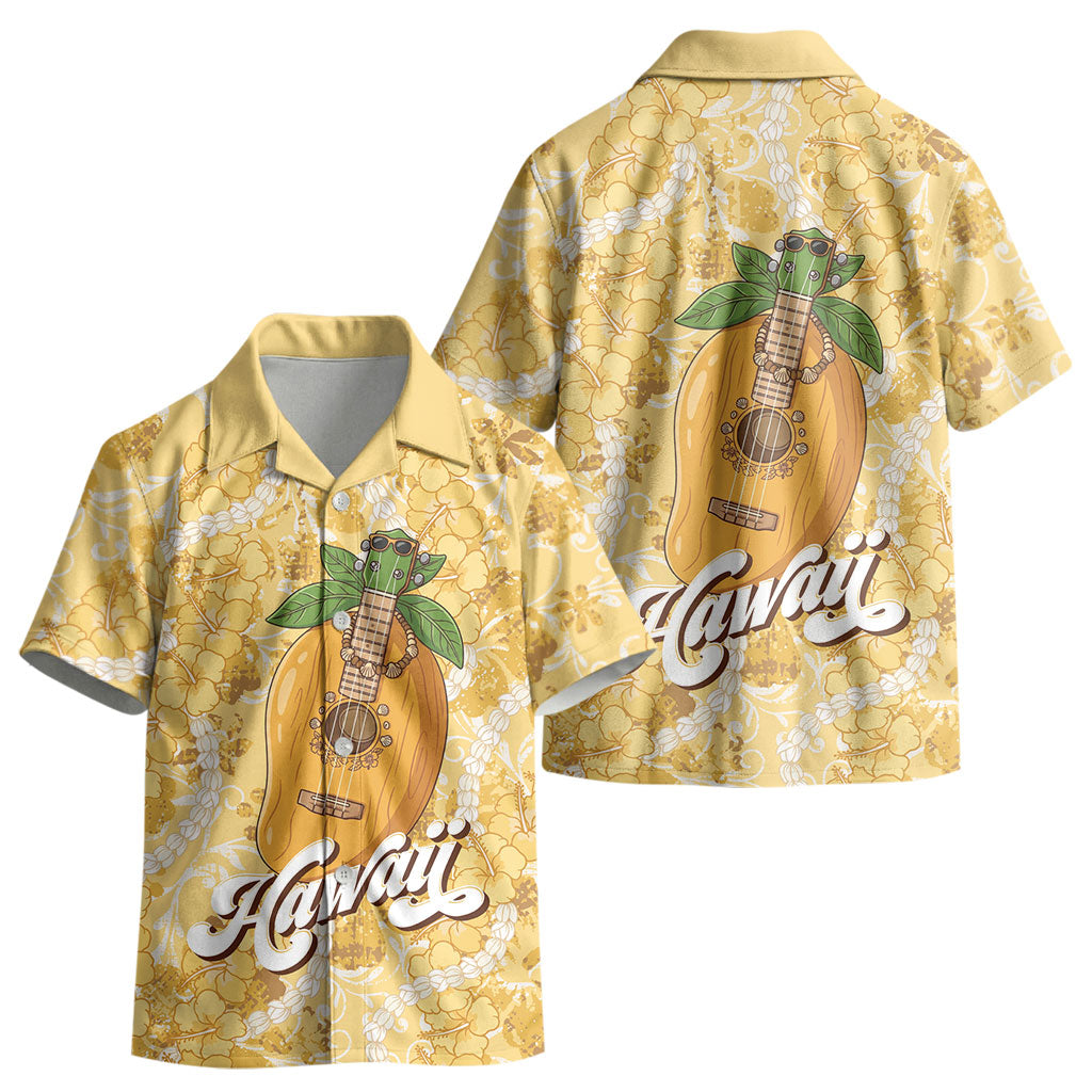 Hawaiian Mango Ukulele Kid Hawaiian Shirt Retro Yellow Hibiscus Pikake Lei