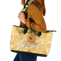Hawaiian Mango Ukulele Leather Tote Bag Retro Yellow Hibiscus Pikake Lei