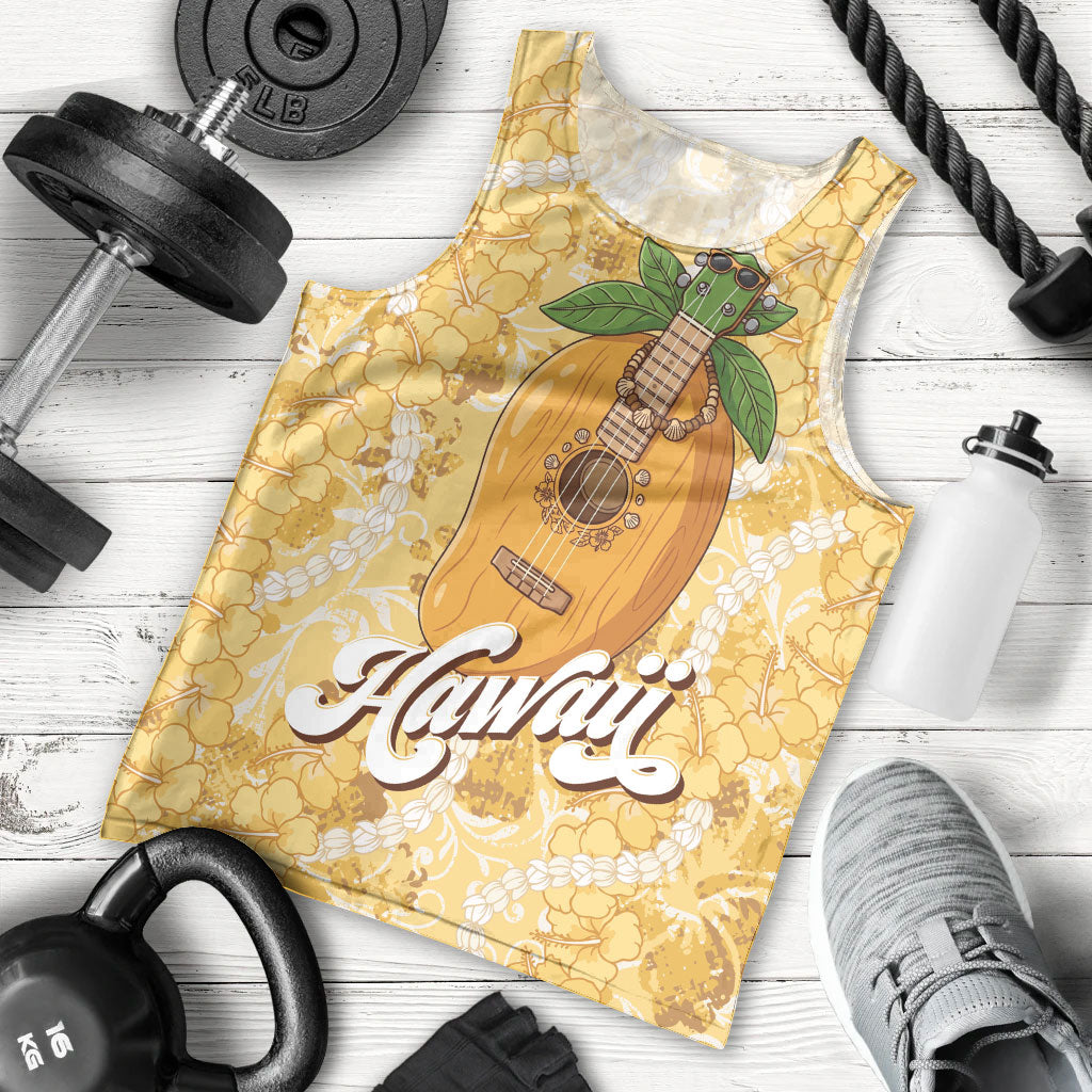 Hawaiian Mango Ukulele Men Tank Top Retro Yellow Hibiscus Pikake Lei