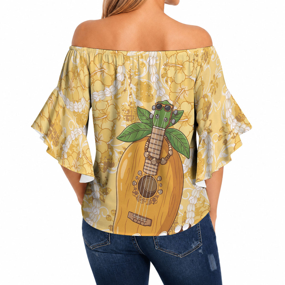 Hawaiian Mango Ukulele Off Shoulder Wrap Waist Top Retro Yellow Hibiscus Pikake Lei LT9 - Polynesian Pride