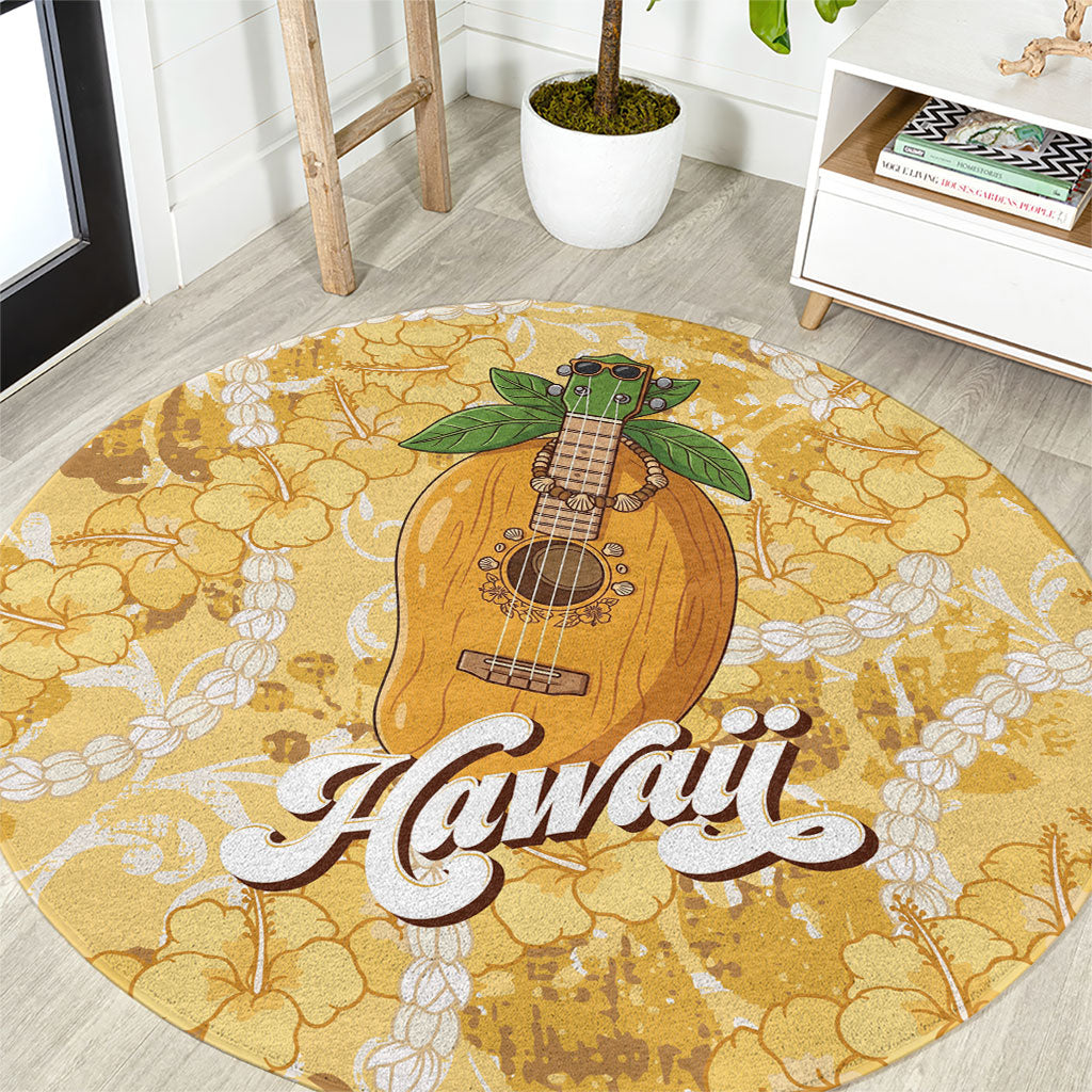 Hawaiian Mango Ukulele Round Carpet Retro Yellow Hibiscus Pikake Lei