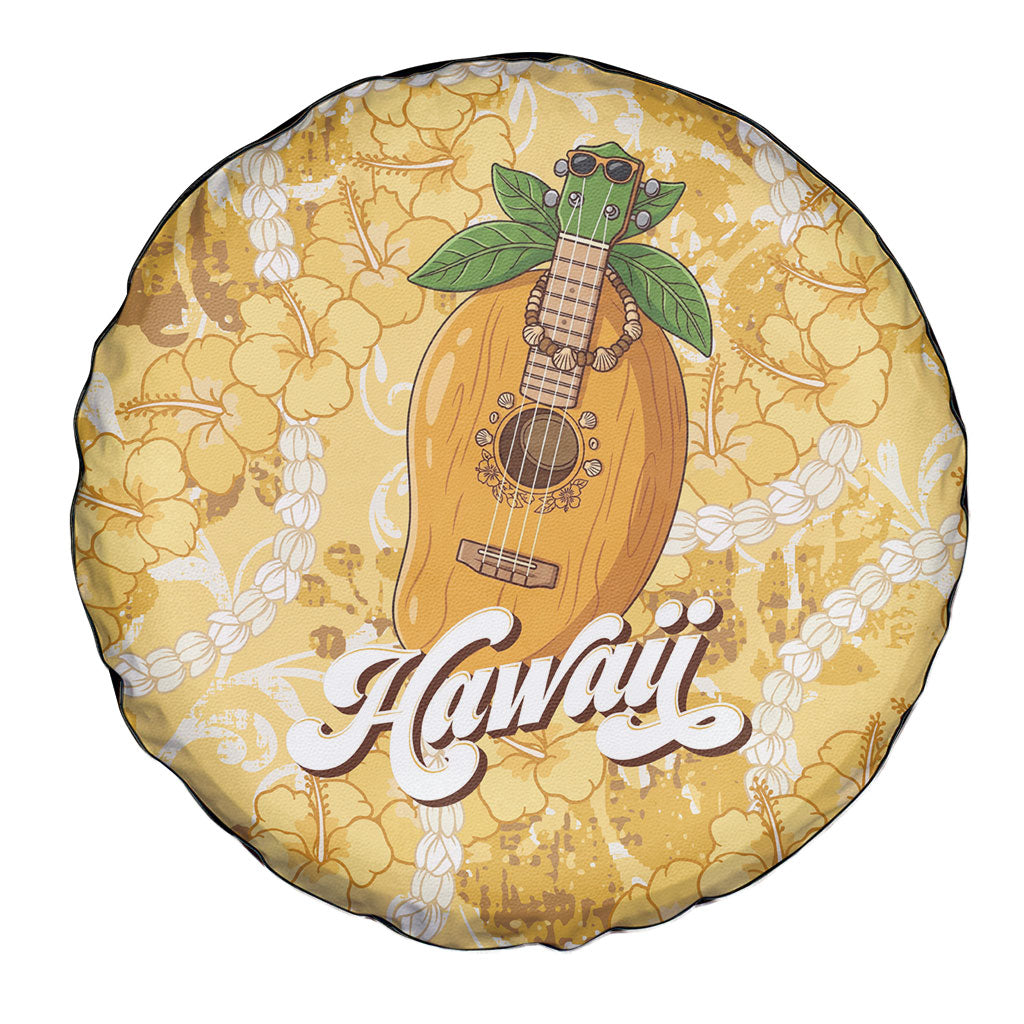 Hawaiian Mango Ukulele Spare Tire Cover Retro Yellow Hibiscus Pikake Lei