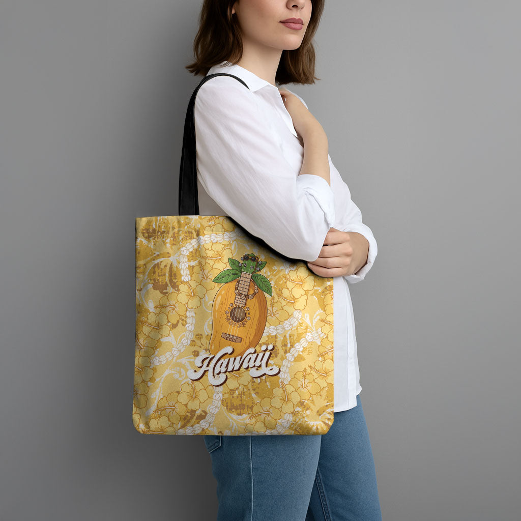 Hawaiian Mango Ukulele Tote Bag Retro Yellow Hibiscus Pikake Lei