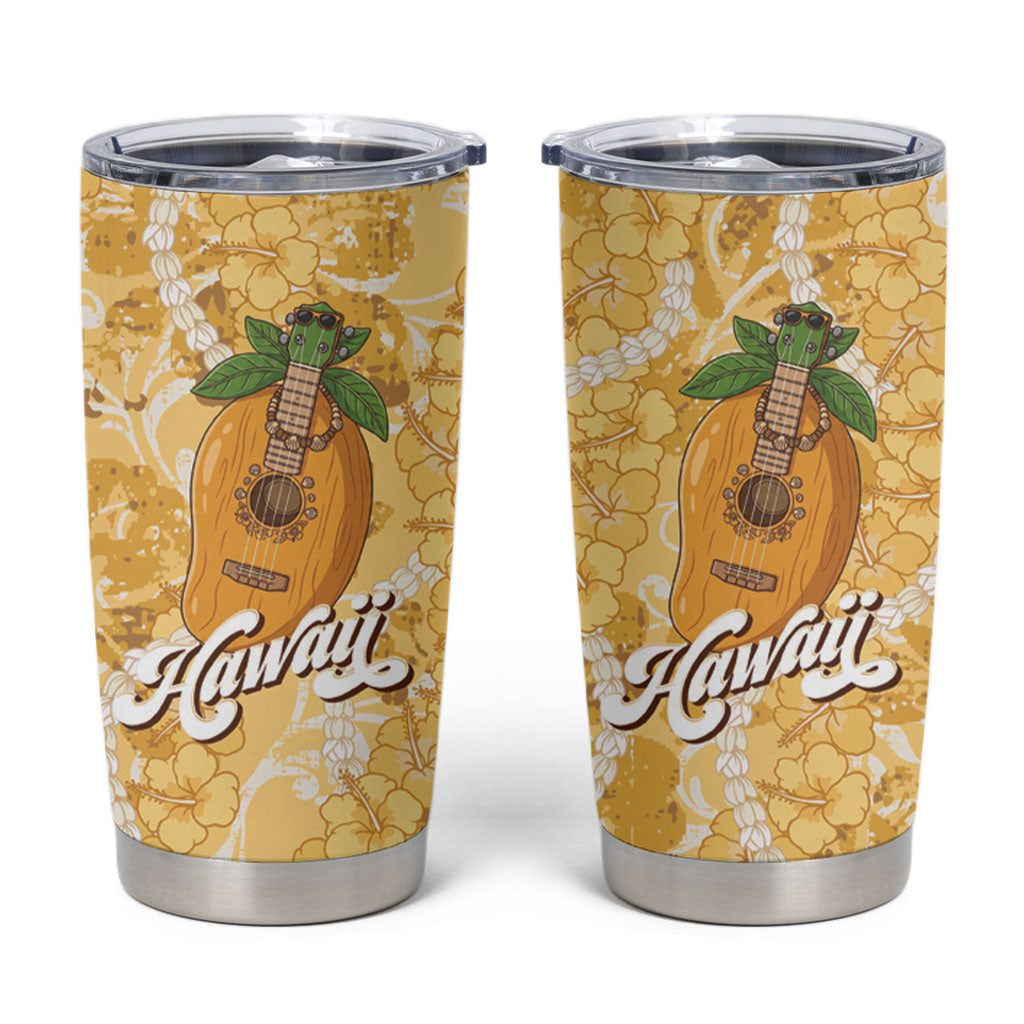 Hawaiian Mango Ukulele Tumbler Cup Retro Yellow Hibiscus Pikake Lei