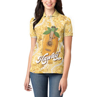 Hawaiian Mango Ukulele Women Polo Shirt Retro Yellow Hibiscus Pikake Lei