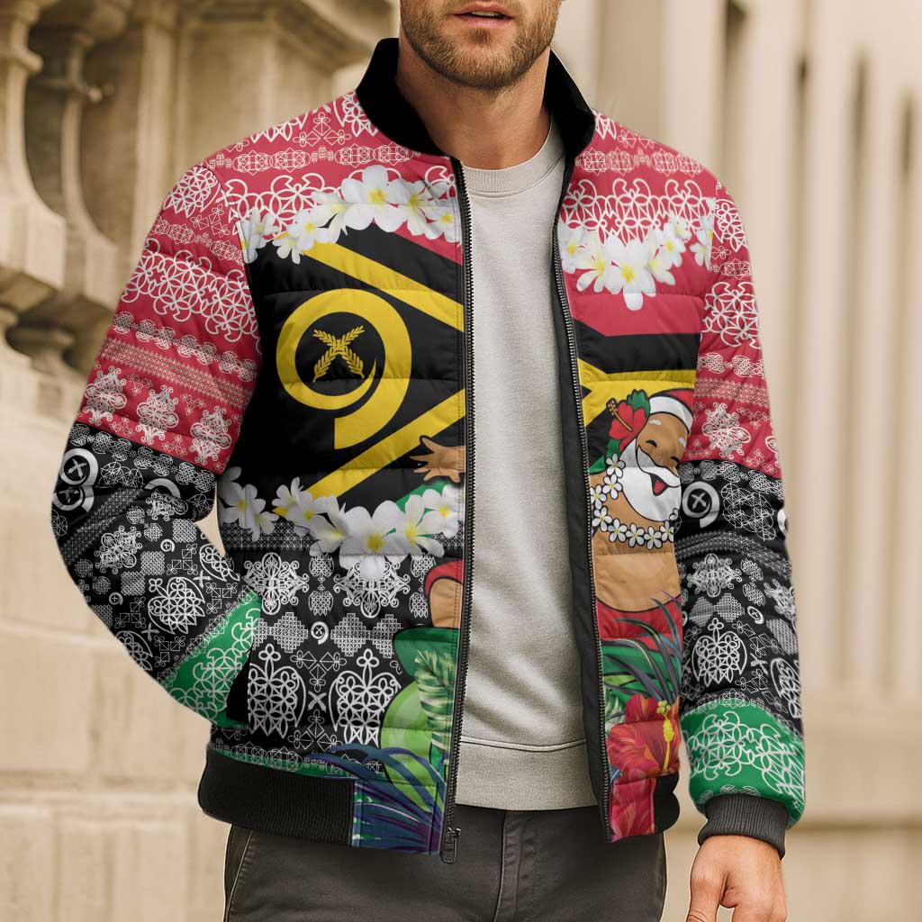 Personalised Vanuatu Joyeux Noel Bomber Puffer Jacket Proud To Be a Ni-Van Sand Drawing Art - Polynesian Pride
