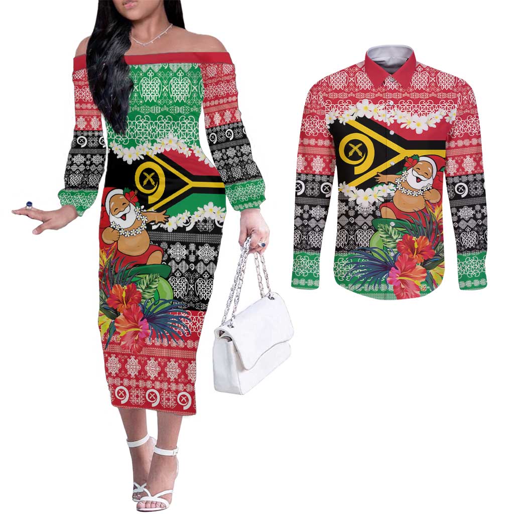 Personalised Vanuatu Joyeux Noel Couples Matching Off The Shoulder Long Sleeve Dress and Long Sleeve Button Shirt Proud To Be a Ni-Van Sand Drawing Art - Polynesian Pride