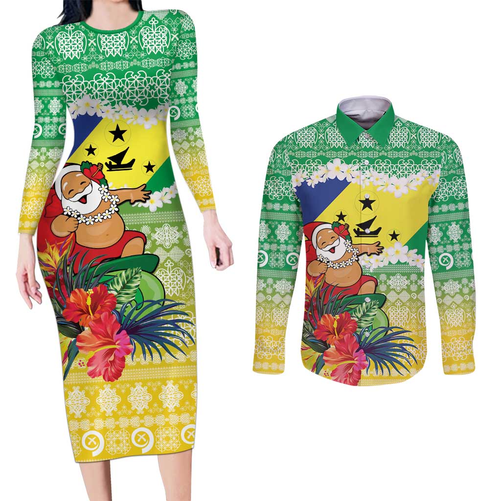 Personalised Malampa Joyeux Noel Couples Matching Long Sleeve Bodycon Dress and Long Sleeve Button Shirt Proud To Be a Ni-Van Sand Drawing Art LT9 Lime - Polynesian Pride