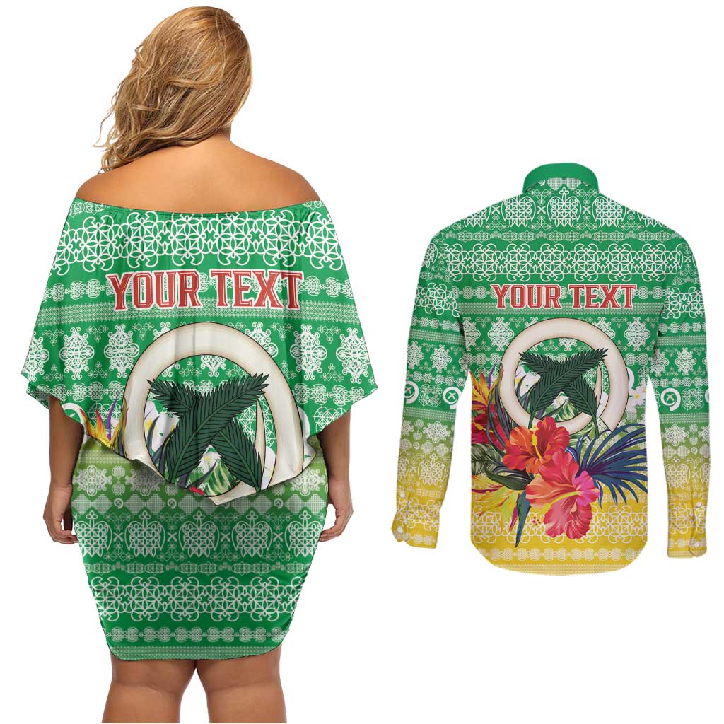 Personalised Malampa Joyeux Noel Couples Matching Off Shoulder Short Dress and Long Sleeve Button Shirt Proud To Be a Ni-Van Sand Drawing Art - Polynesian Pride
