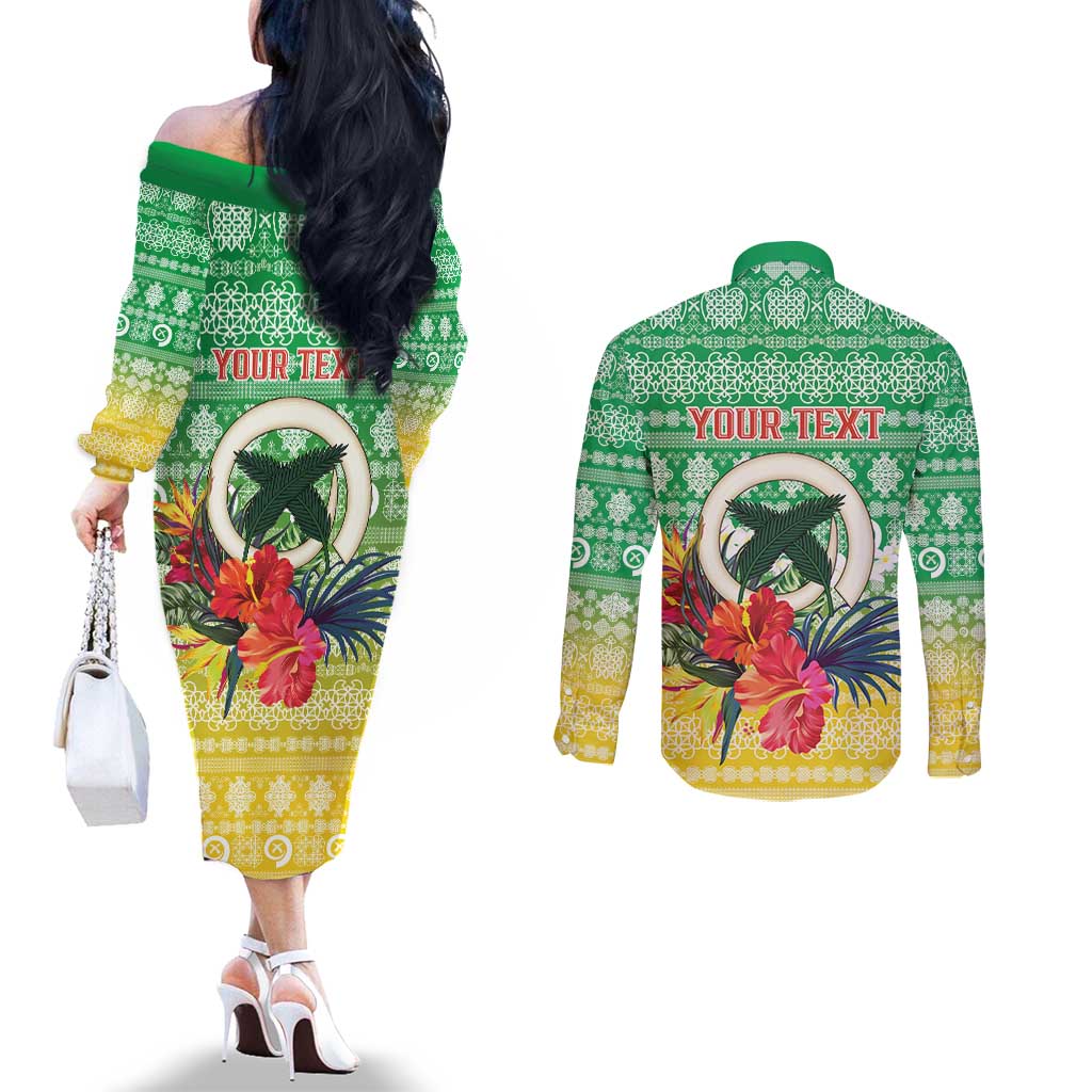 Personalised Malampa Joyeux Noel Couples Matching Off The Shoulder Long Sleeve Dress and Long Sleeve Button Shirt Proud To Be a Ni-Van Sand Drawing Art LT9 - Polynesian Pride