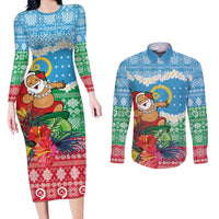 Personalised Sanma Joyeux Noel Couples Matching Long Sleeve Bodycon Dress and Long Sleeve Button Shirt Proud To Be a Ni-Van Sand Drawing Art LT9 Blue - Polynesian Pride