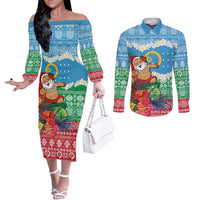 Personalised Sanma Joyeux Noel Couples Matching Off The Shoulder Long Sleeve Dress and Long Sleeve Button Shirt Proud To Be a Ni-Van Sand Drawing Art LT9 Blue - Polynesian Pride