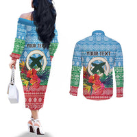 Personalised Sanma Joyeux Noel Couples Matching Off The Shoulder Long Sleeve Dress and Long Sleeve Button Shirt Proud To Be a Ni-Van Sand Drawing Art LT9 - Polynesian Pride