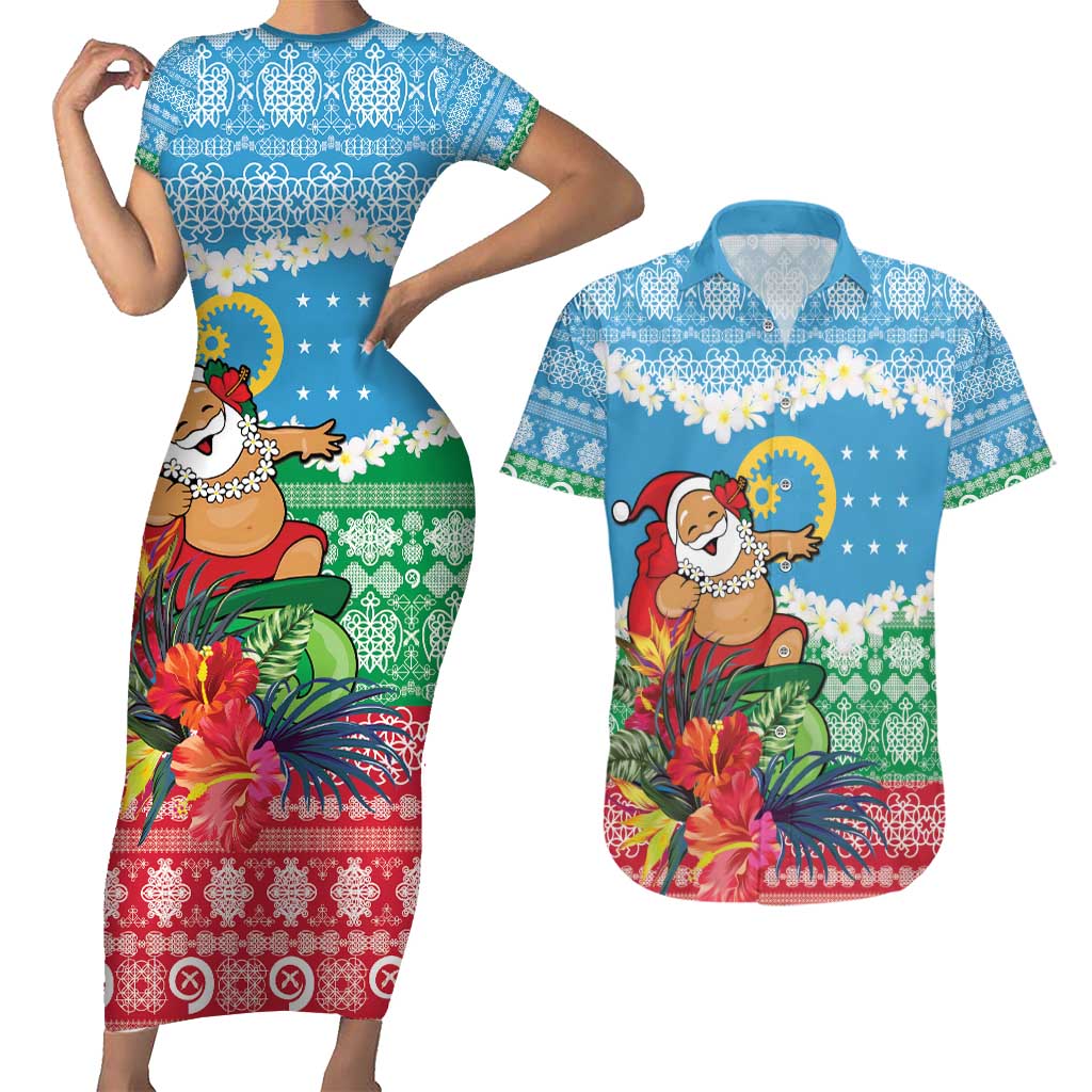 Personalised Sanma Joyeux Noel Couples Matching Short Sleeve Bodycon Dress and Hawaiian Shirt Proud To Be a Ni-Van Sand Drawing Art - Polynesian Pride