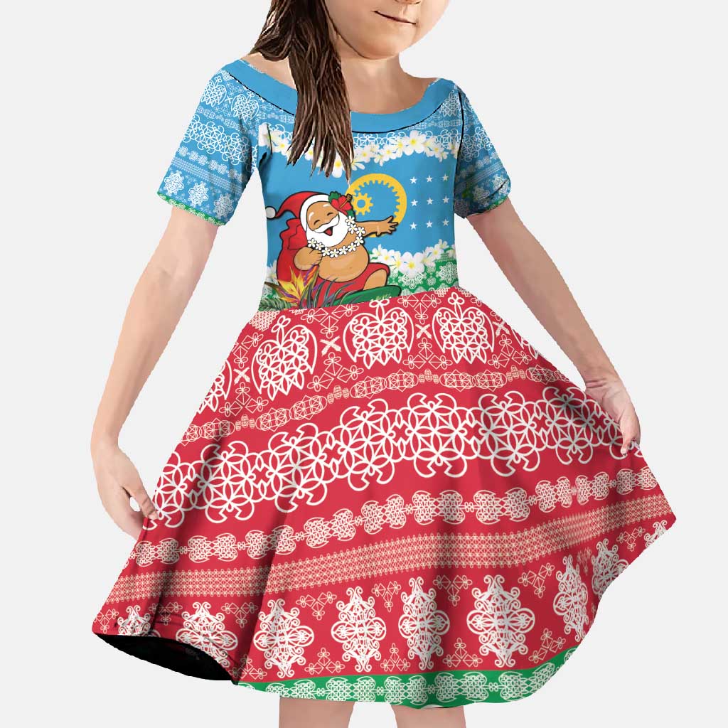 Personalised Sanma Joyeux Noel Family Matching Short Sleeve Bodycon Dress and Hawaiian Shirt Proud To Be a Ni-Van Sand Drawing Art LT9 Daughter's Dress Blue - Polynesian Pride