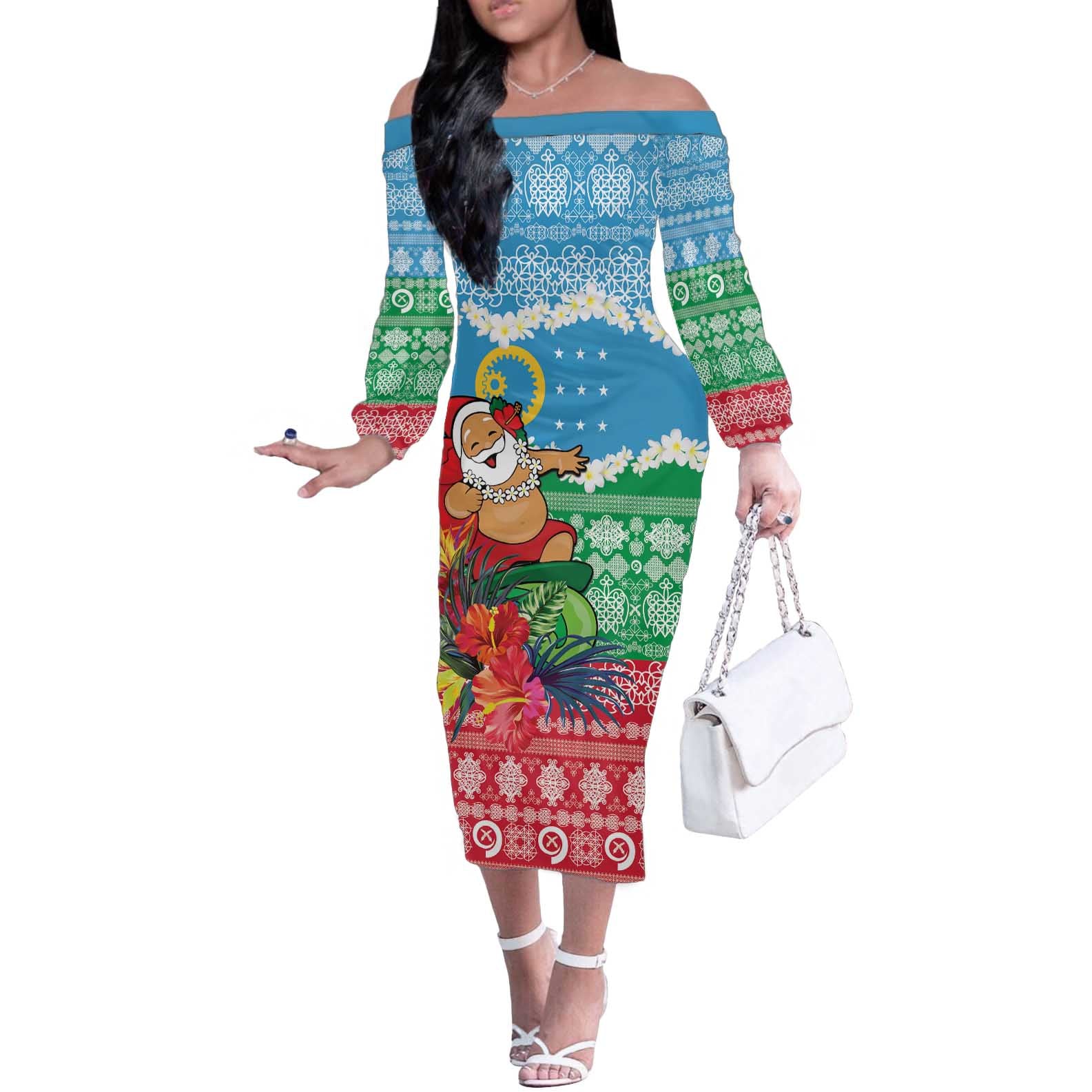 Personalised Sanma Joyeux Noel Off The Shoulder Long Sleeve Dress Proud To Be a Ni-Van Sand Drawing Art - Polynesian Pride