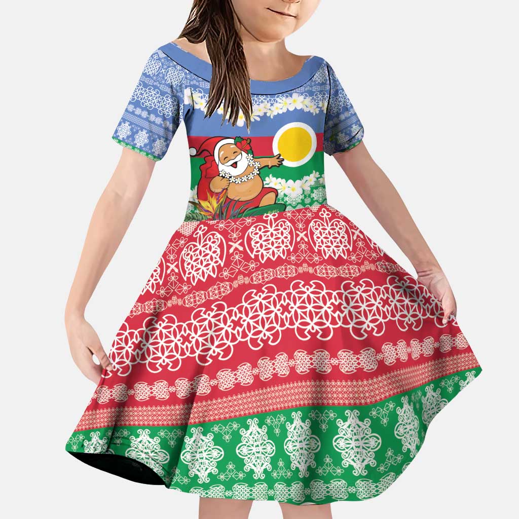 Personalised Shefa Joyeux Noel Family Matching Puletasi and Hawaiian Shirt Proud To Be a Ni-Van Sand Drawing Art LT9 Daughter's Dress Blue - Polynesian Pride