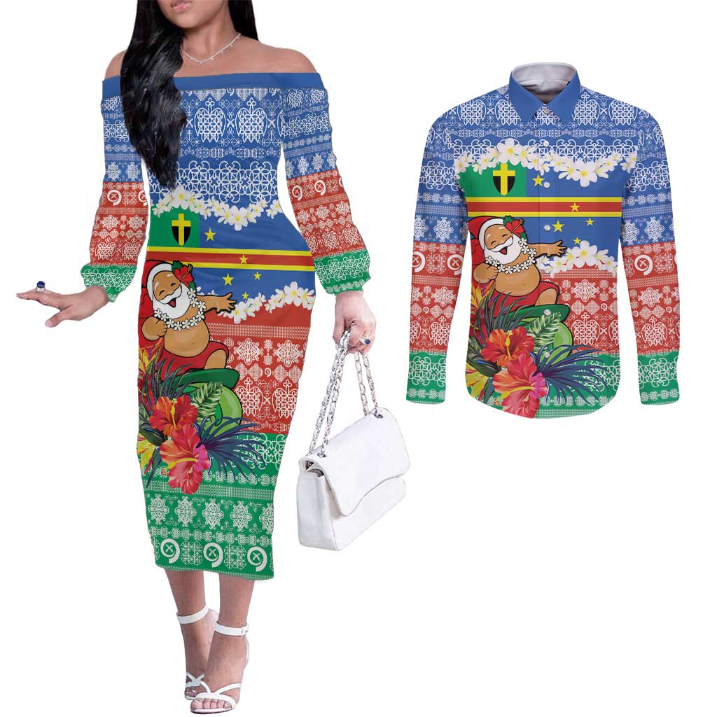 Personalised Tafea Joyeux Noel Couples Matching Off The Shoulder Long Sleeve Dress and Long Sleeve Button Shirt Proud To Be a Ni-Van Sand Drawing Art LT9 Blue - Polynesian Pride