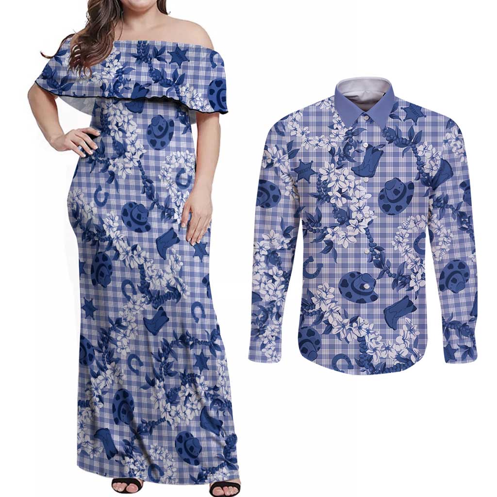 Mokihana Maile Ilima Leis Paniolo Palaka Couples Matching Off Shoulder Maxi Dress and Long Sleeve Button Shirt Hawaiian Polu Spirit - Polynesian Pride