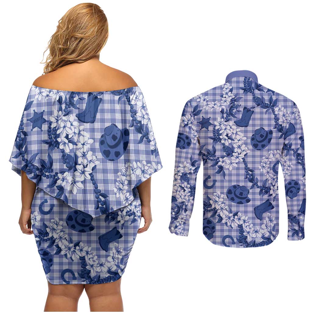 Mokihana Maile Ilima Leis Paniolo Palaka Couples Matching Off Shoulder Short Dress and Long Sleeve Button Shirt Hawaiian Polu Spirit - Polynesian Pride