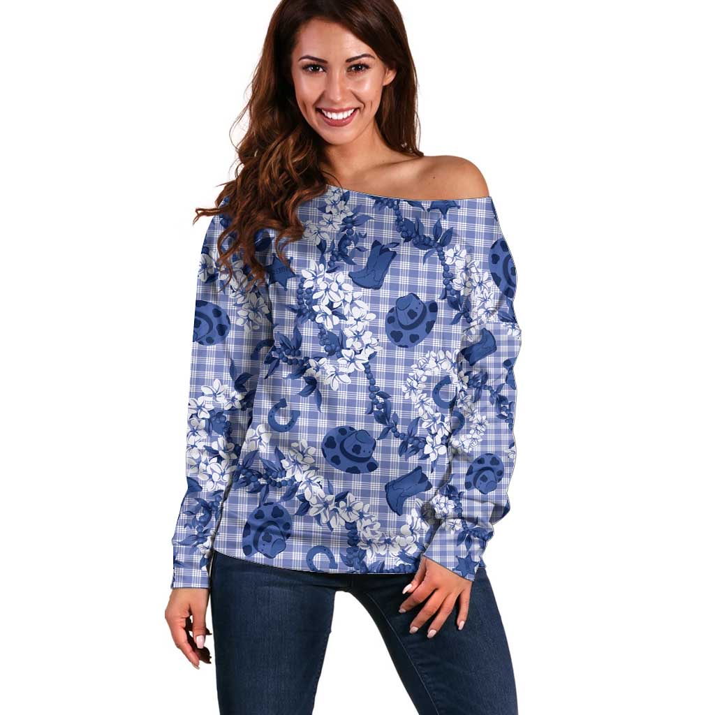 Mokihana Maile Ilima Leis Paniolo Palaka Off Shoulder Sweater Hawaiian Polu Spirit - Polynesian Pride