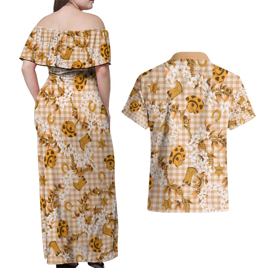Mokihana Maile Ilima Leis Paniolo Palaka Couples Matching Off Shoulder Maxi Dress and Hawaiian Shirt Hawaiian Kula Spirit - Polynesian Pride