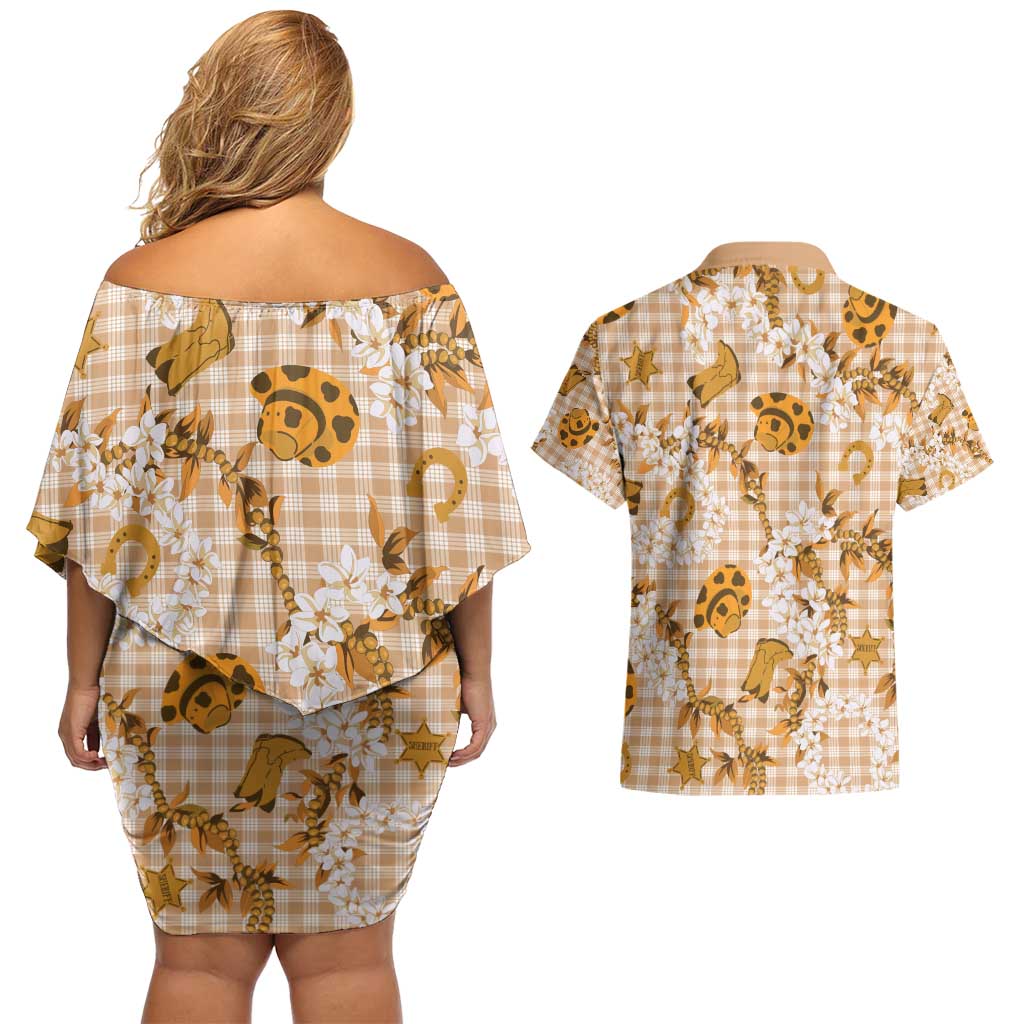 Mokihana Maile Ilima Leis Paniolo Palaka Couples Matching Off Shoulder Short Dress and Hawaiian Shirt Hawaiian Kula Spirit - Polynesian Pride