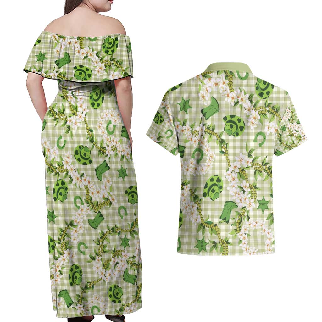 Mokihana Maile Ilima Leis Paniolo Palaka Couples Matching Off Shoulder Maxi Dress and Hawaiian Shirt Hawaiian Omaomo Ala Spirit - Polynesian Pride