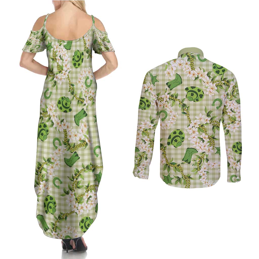 Mokihana Maile Ilima Leis Paniolo Palaka Couples Matching Summer Maxi Dress and Long Sleeve Button Shirt Hawaiian Omaomo Ala Spirit - Polynesian Pride