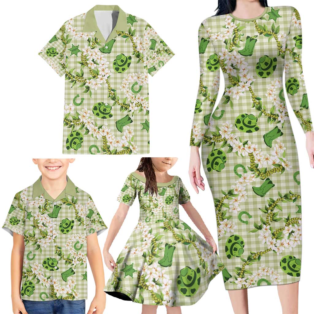 Mokihana Maile Ilima Leis Paniolo Palaka Family Matching Long Sleeve Bodycon Dress and Hawaiian Shirt Hawaiian Omaomo Ala Spirit - Polynesian Pride