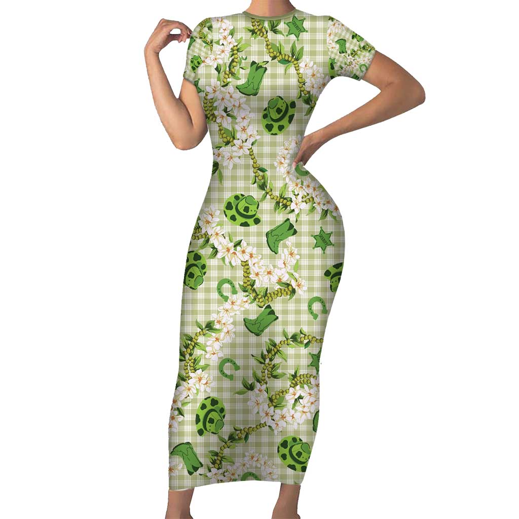 Mokihana Maile Ilima Leis Paniolo Palaka Short Sleeve Bodycon Dress Hawaiian Omaomo Ala Spirit - Polynesian Pride