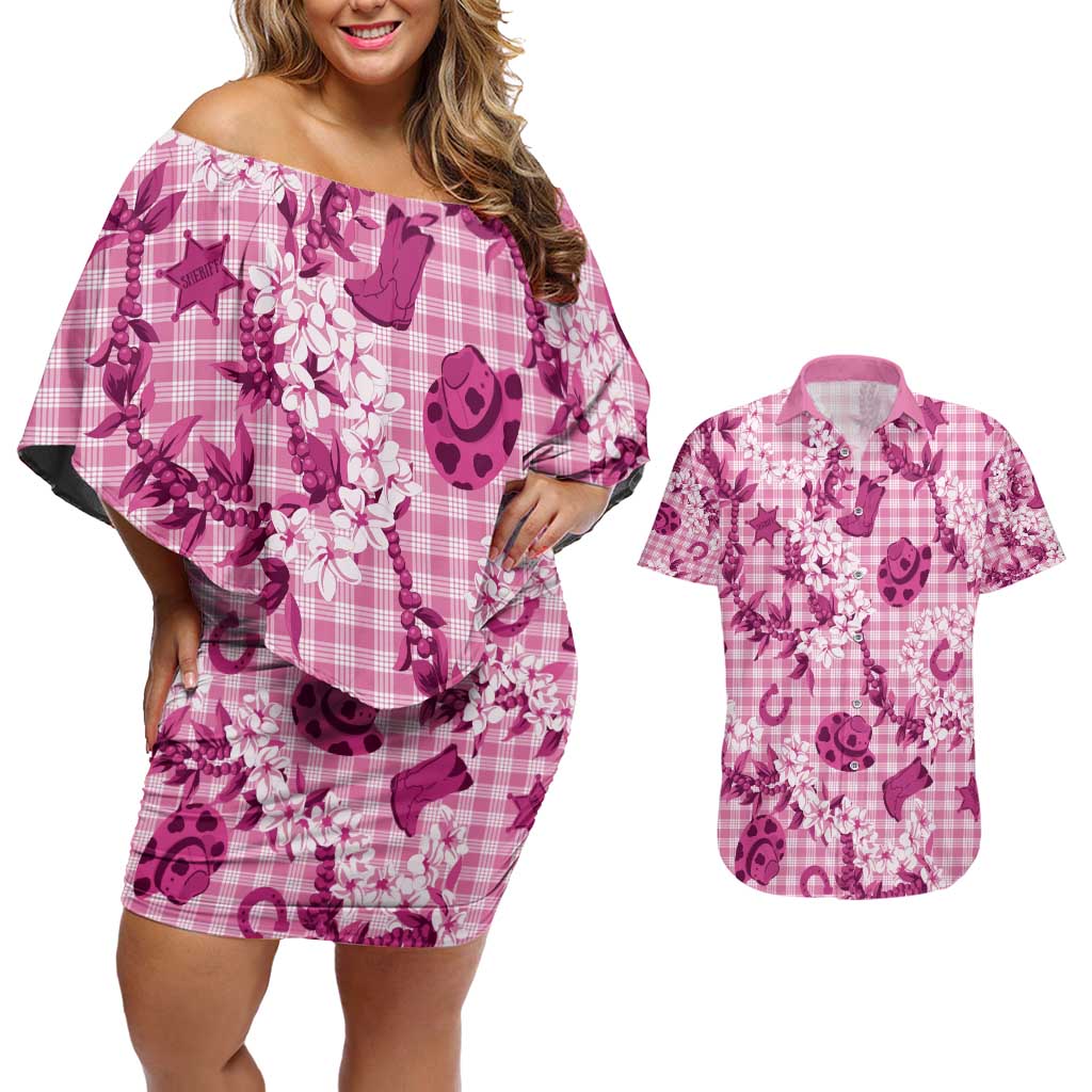Mokihana Maile Ilima Leis Paniolo Palaka Couples Matching Off Shoulder Short Dress and Hawaiian Shirt Hawaiian Omaomo Ulaula Spirit - Polynesian Pride