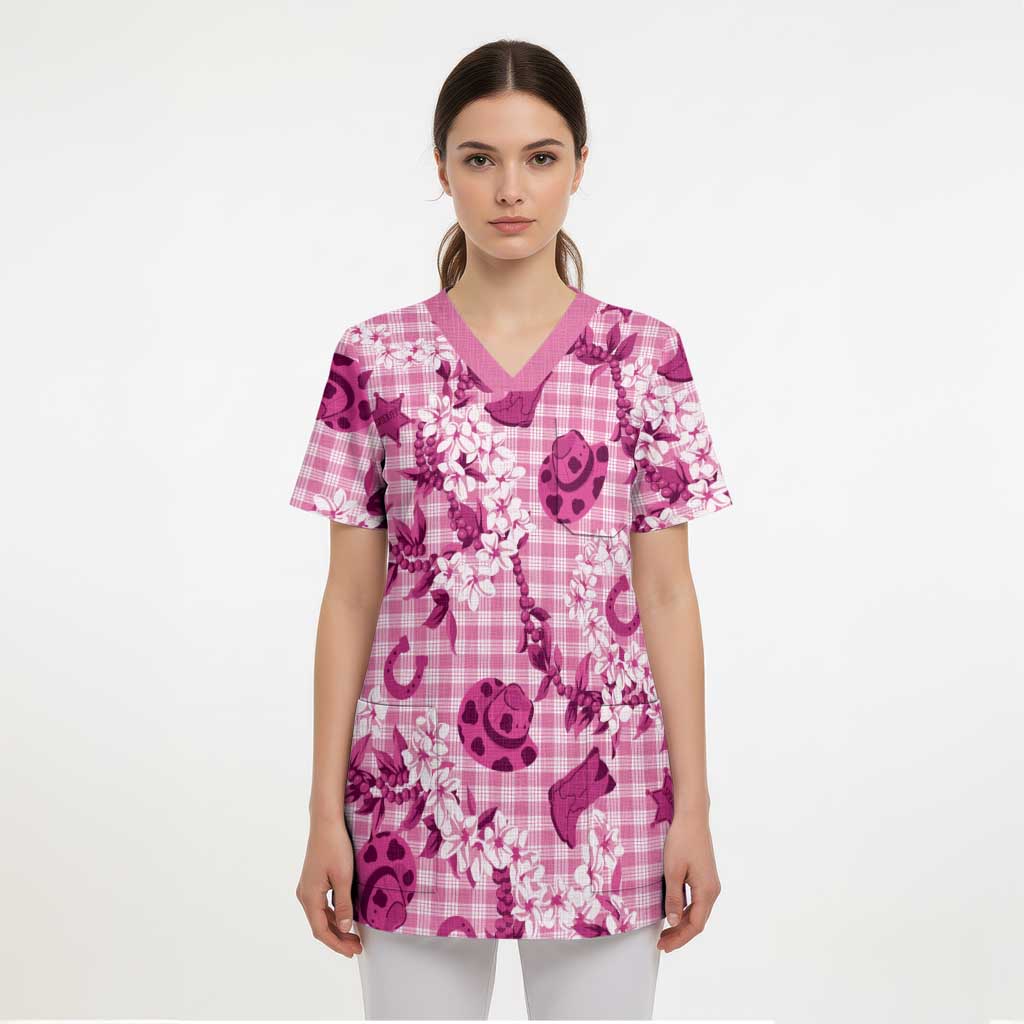 Mokihana Maile Ilima Leis Paniolo Palaka Scrub Top Hawaiian Omaomo Ulaula Spirit - Polynesian Pride