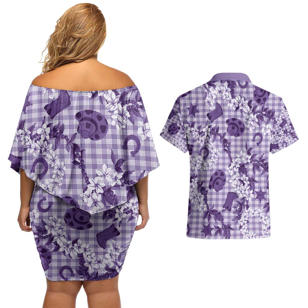 Mokihana Maile Ilima Leis Paniolo Palaka Couples Matching Off Shoulder Short Dress and Hawaiian Shirt Hawaiian Poni Spirit - Polynesian Pride