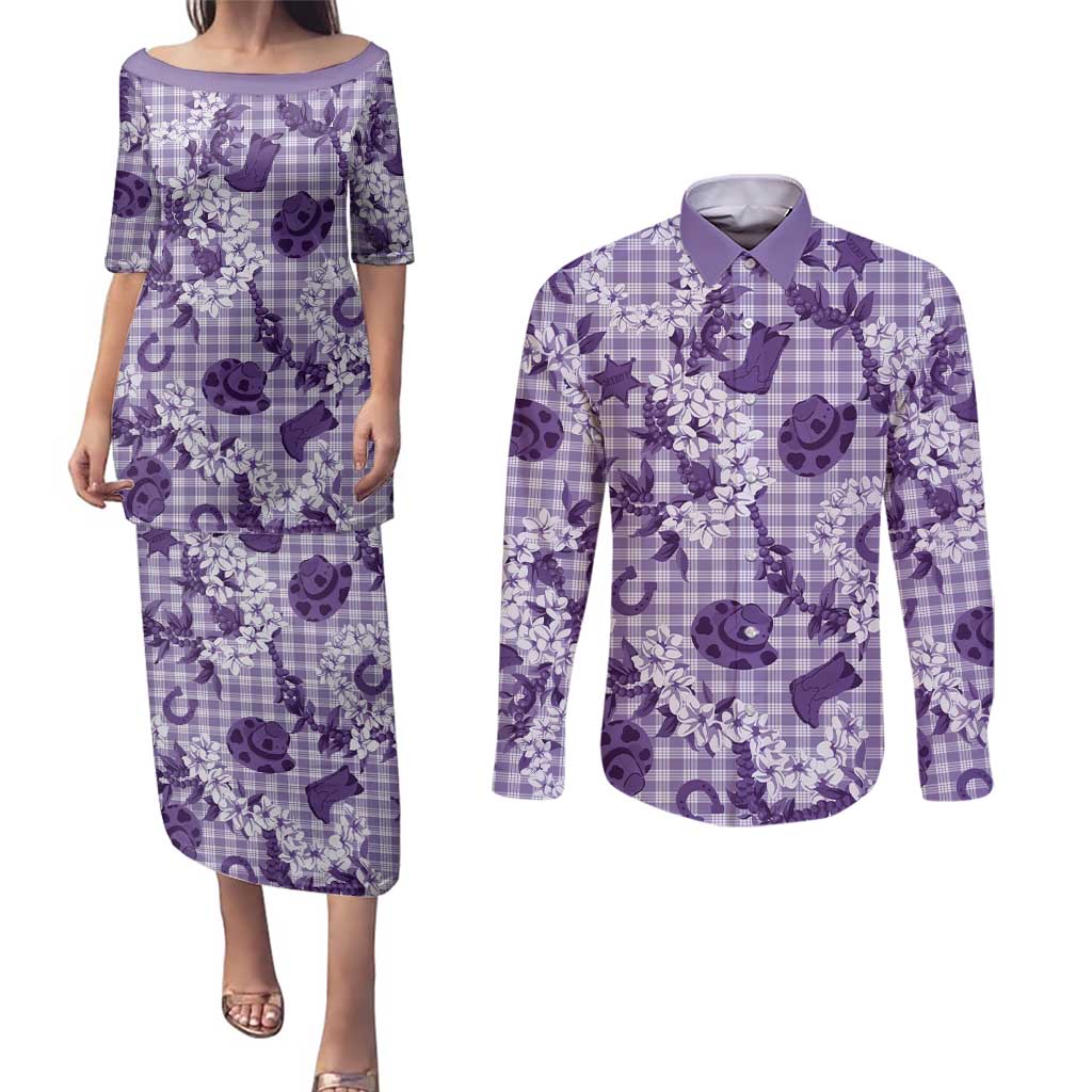 Mokihana Maile Ilima Leis Paniolo Palaka Couples Matching Puletasi and Long Sleeve Button Shirt Hawaiian Poni Spirit - Polynesian Pride