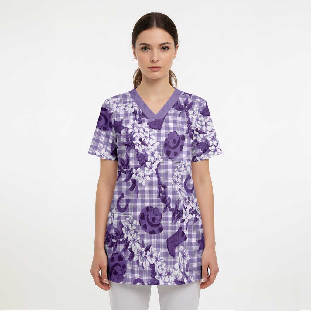 Mokihana Maile Ilima Leis Paniolo Palaka Scrub Top Hawaiian Poni Spirit - Polynesian Pride