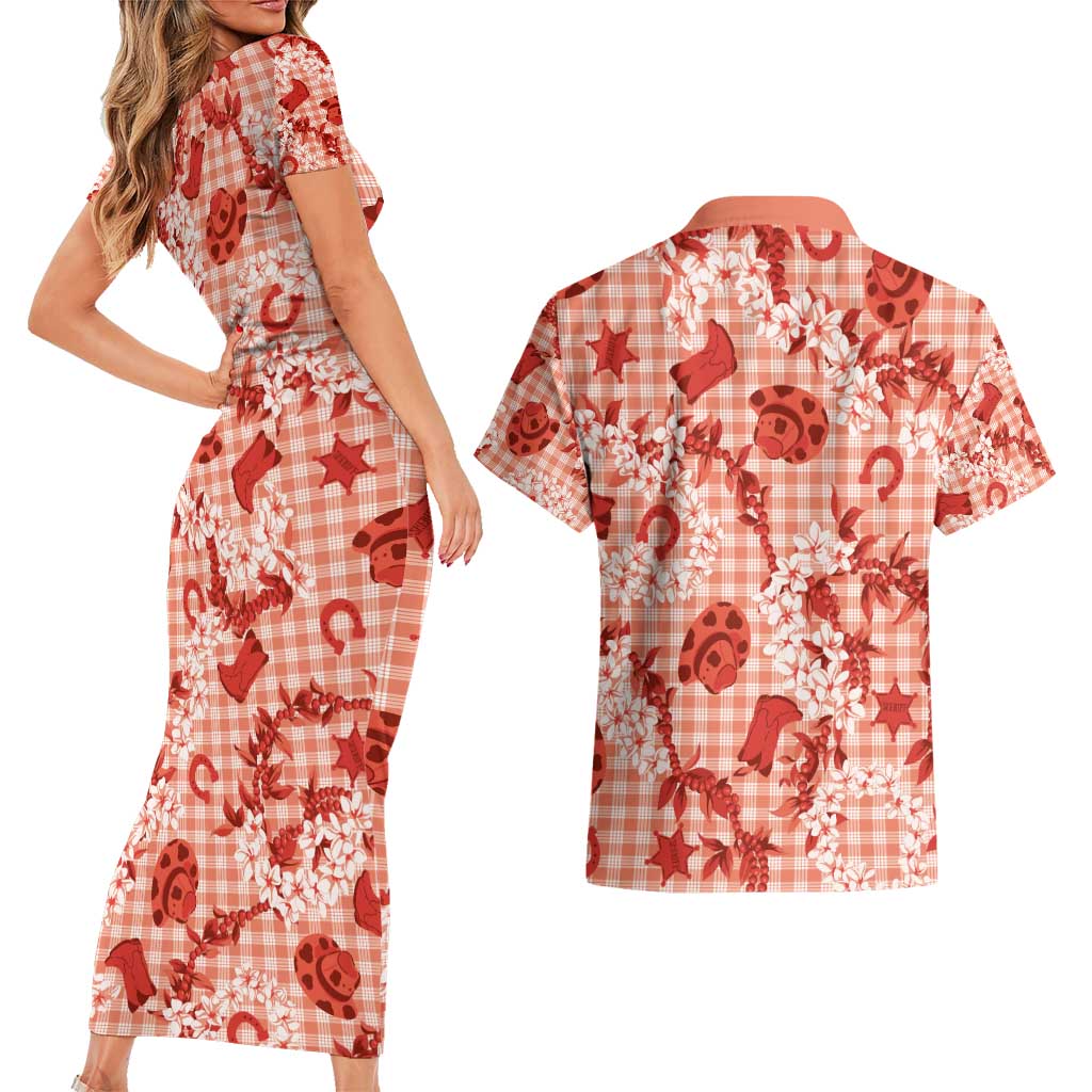 Mokihana Maile Ilima Leis Paniolo Palaka Couples Matching Short Sleeve Bodycon Dress and Hawaiian Shirt Hawaiian Ulaula Spirit - Polynesian Pride