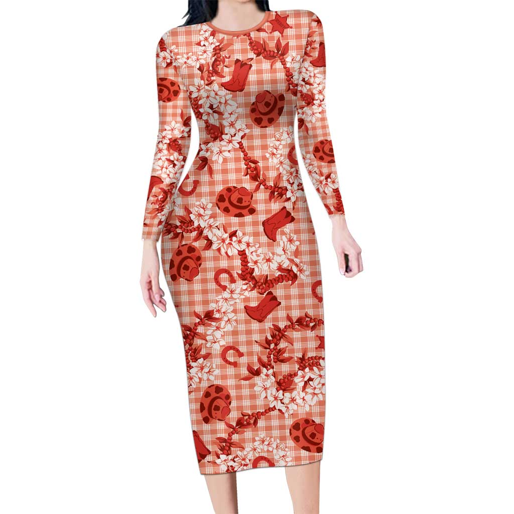 Mokihana Maile Ilima Leis Paniolo Palaka Family Matching Long Sleeve Bodycon Dress and Hawaiian Shirt Hawaiian Ulaula Spirit - Polynesian Pride