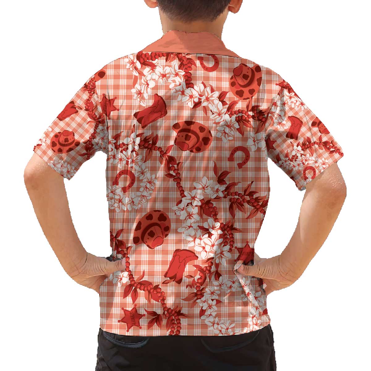 Mokihana Maile Ilima Leis Paniolo Palaka Family Matching Off The Shoulder Long Sleeve Dress and Hawaiian Shirt Hawaiian Ulaula Spirit - Polynesian Pride