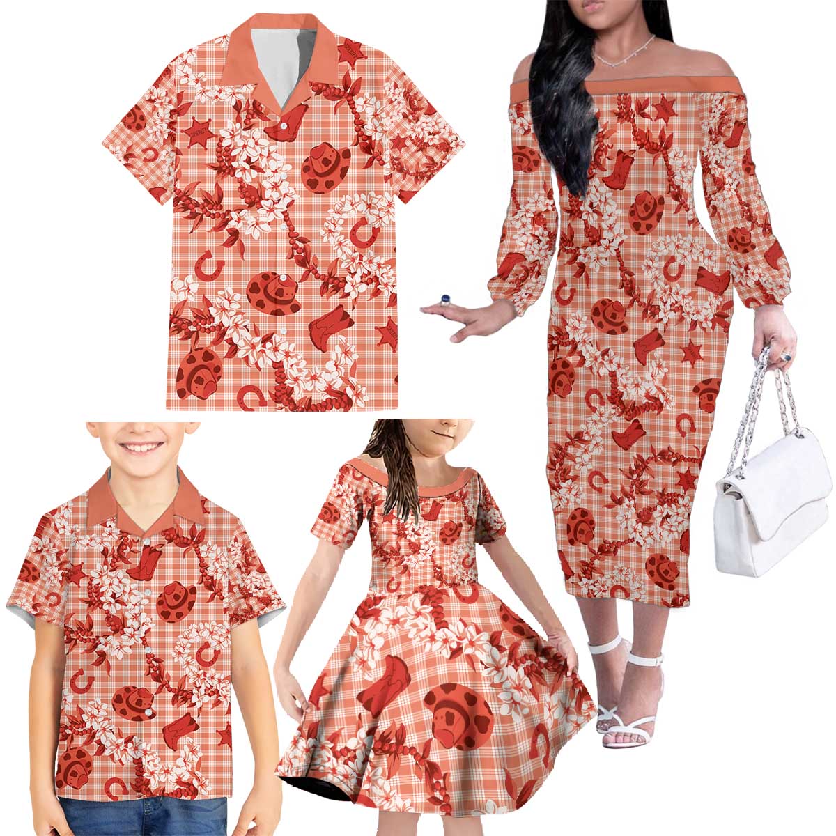 Mokihana Maile Ilima Leis Paniolo Palaka Family Matching Off The Shoulder Long Sleeve Dress and Hawaiian Shirt Hawaiian Ulaula Spirit - Polynesian Pride