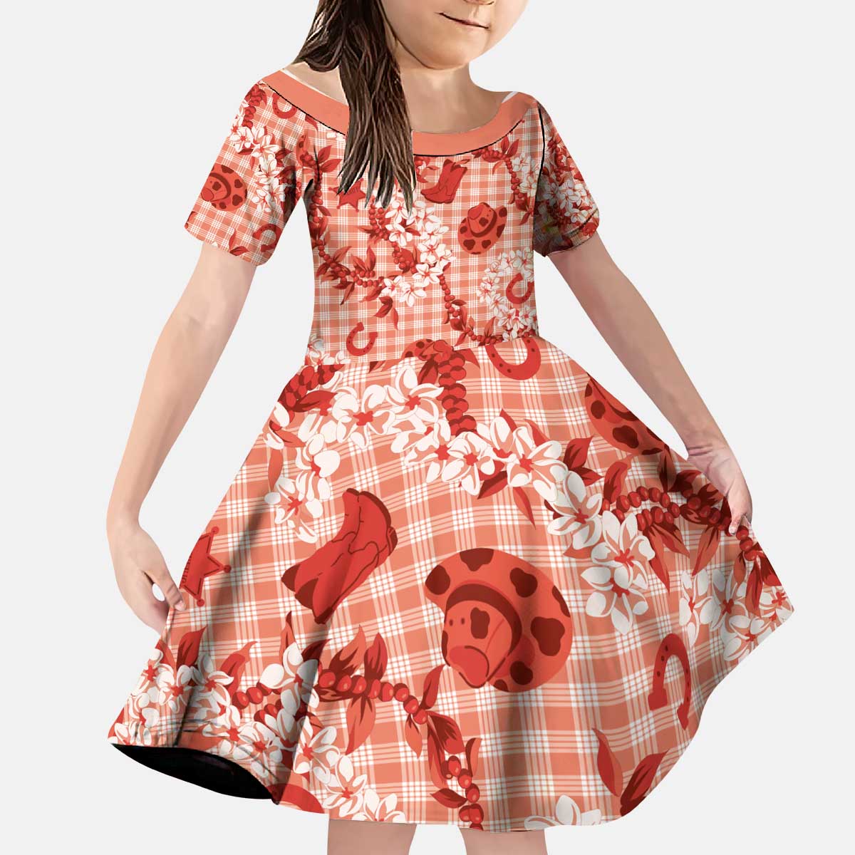 Mokihana Maile Ilima Leis Paniolo Palaka Kid Short Sleeve Dress Hawaiian Ulaula Spirit - Polynesian Pride