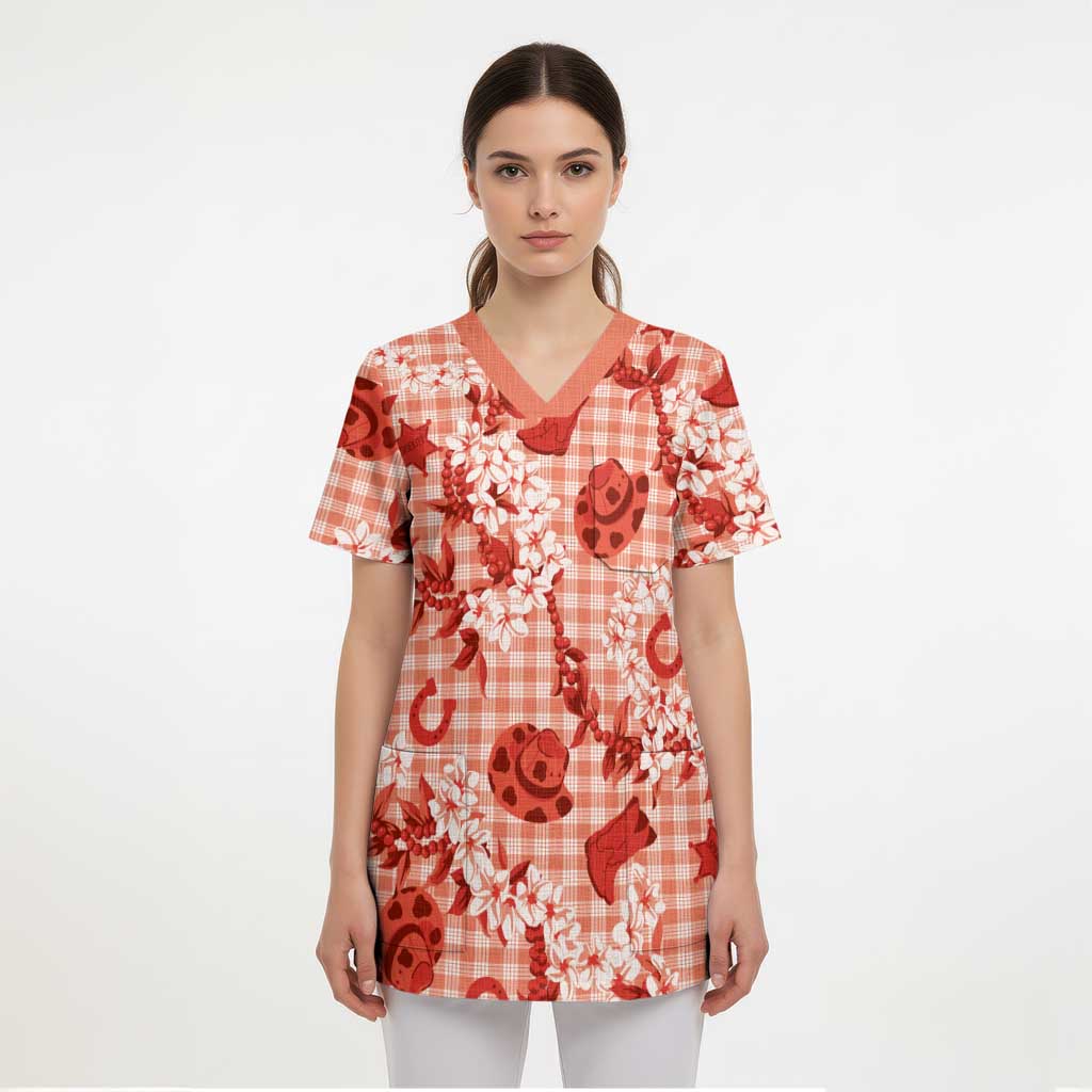 Mokihana Maile Ilima Leis Paniolo Palaka Scrub Top Hawaiian Ulaula Spirit - Polynesian Pride
