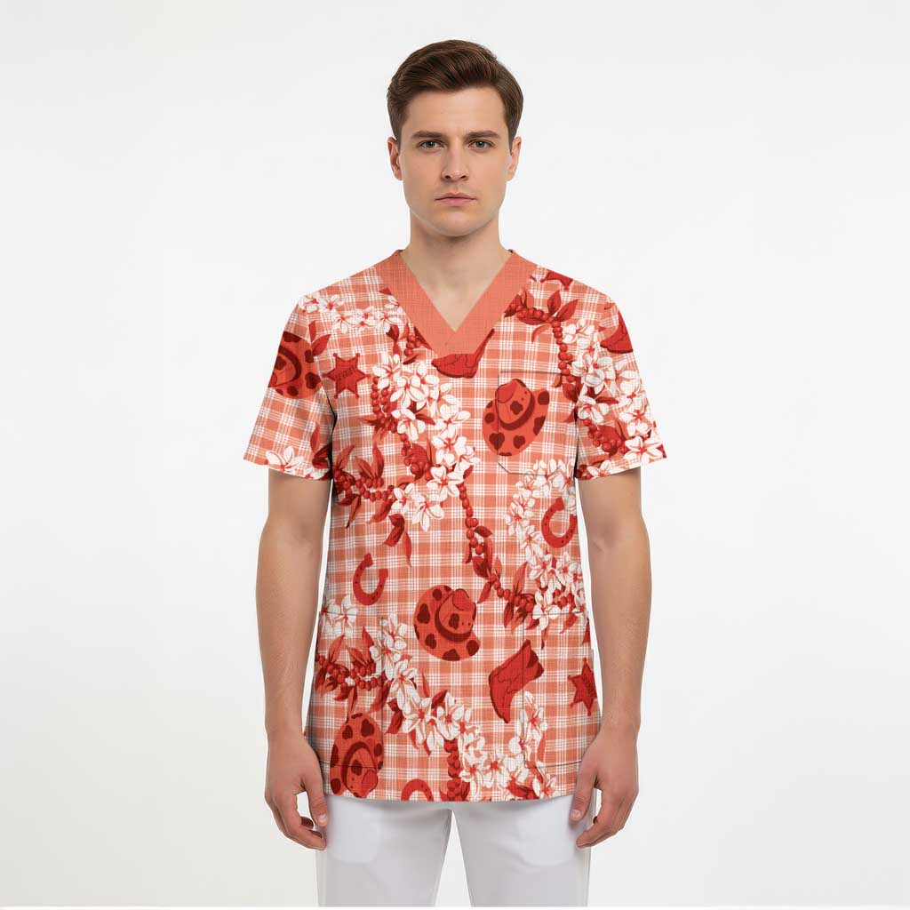Mokihana Maile Ilima Leis Paniolo Palaka Scrub Top Hawaiian Ulaula Spirit - Polynesian Pride