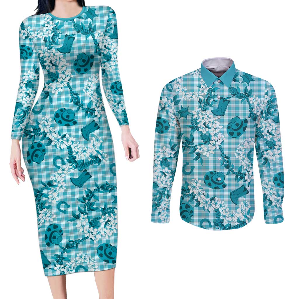 Mokihana Maile Ilima Leis Paniolo Palaka Couples Matching Long Sleeve Bodycon Dress and Long Sleeve Button Shirt Hawaiian Polu Opa Spirit - Polynesian Pride