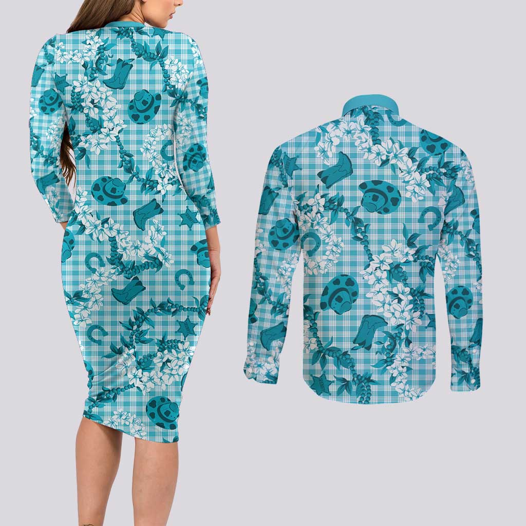 Mokihana Maile Ilima Leis Paniolo Palaka Couples Matching Long Sleeve Bodycon Dress and Long Sleeve Button Shirt Hawaiian Polu Opa Spirit - Polynesian Pride