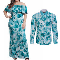 Mokihana Maile Ilima Leis Paniolo Palaka Couples Matching Off Shoulder Maxi Dress and Long Sleeve Button Shirt Hawaiian Polu Opa Spirit - Polynesian Pride