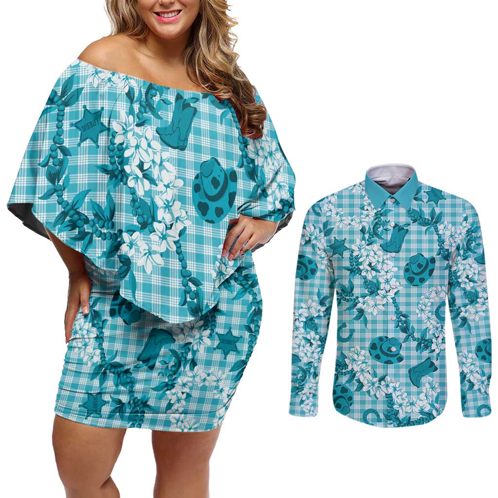 Mokihana Maile Ilima Leis Paniolo Palaka Couples Matching Off Shoulder Short Dress and Long Sleeve Button Shirt Hawaiian Polu Opa Spirit - Polynesian Pride